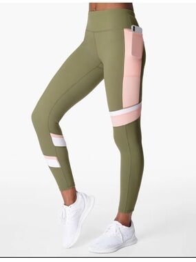 Sweaty Betty Olive Leggings with Blush and White Paneling